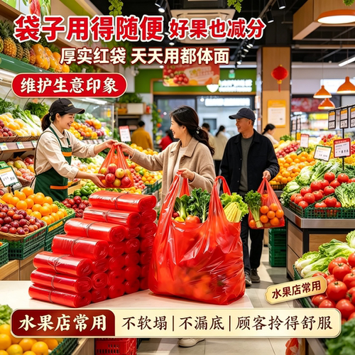 果蔬摊商用红色一次性塑料袋生鲜水果店称重打包袋加厚款PE背心袋