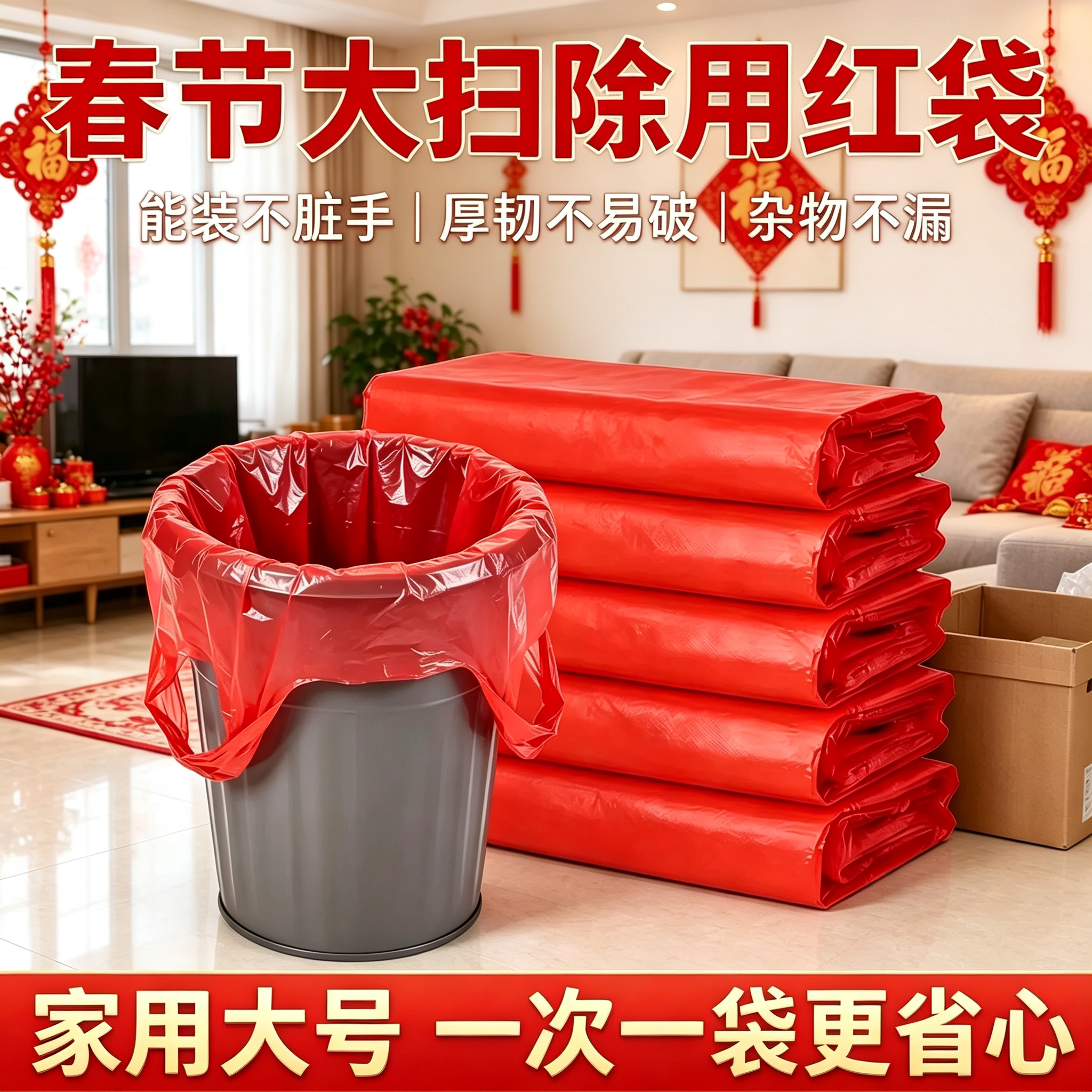 红色背心式垃圾袋新年大扫除家用加厚手提袋过年厨余喜庆红塑料袋