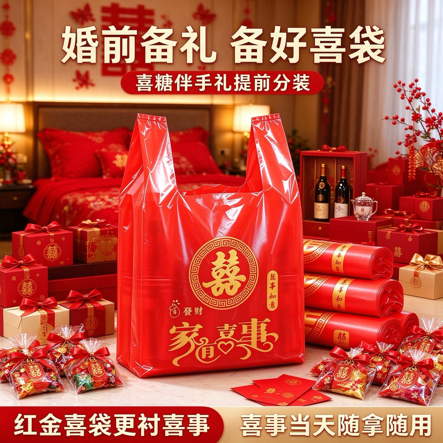 备婚采购婚宴红背心袋婚庆酒席宾客回礼喜糖礼品红喜手提袋塑料袋