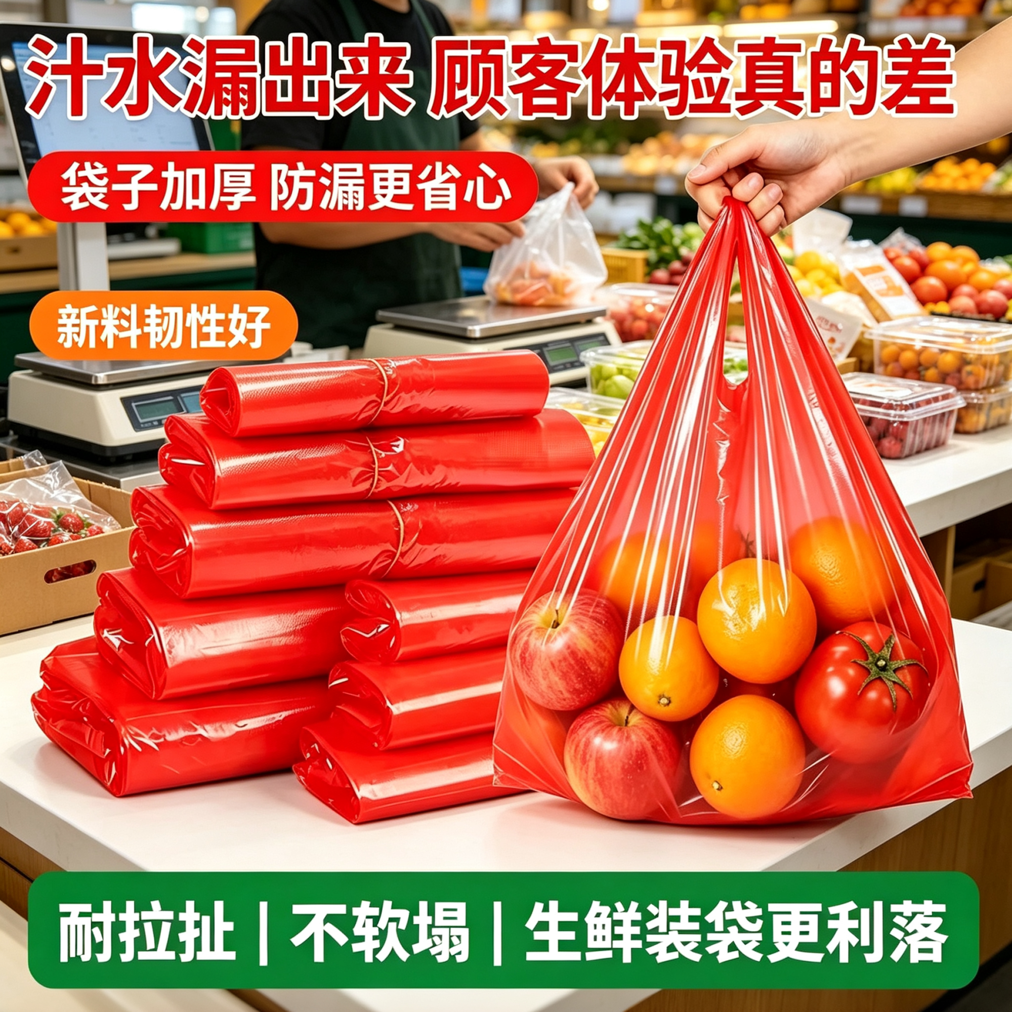 水果专用红色PE打包背心袋加厚生鲜手提塑料袋装重果不易开裂漏汁