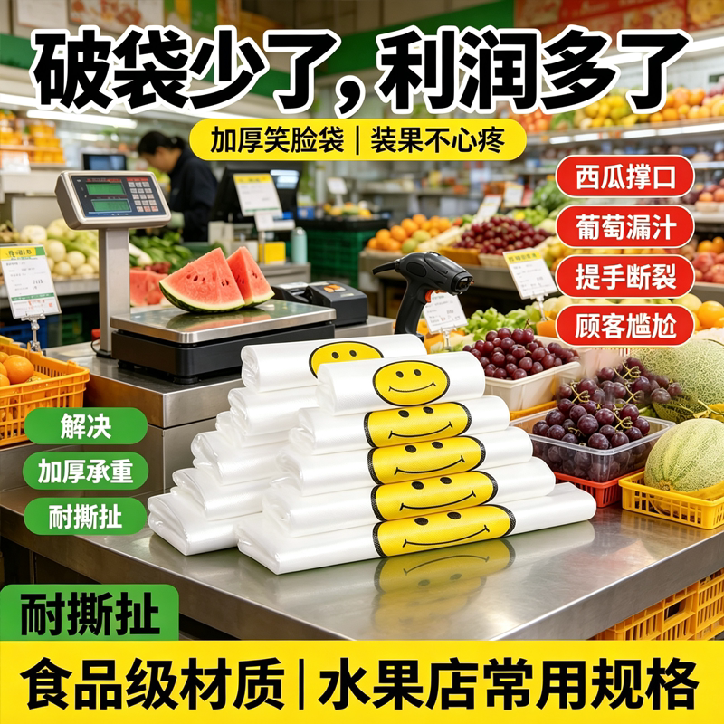水果商超专用笑脸袋加厚背心式手提袋防漏水少破损商用食品塑料袋