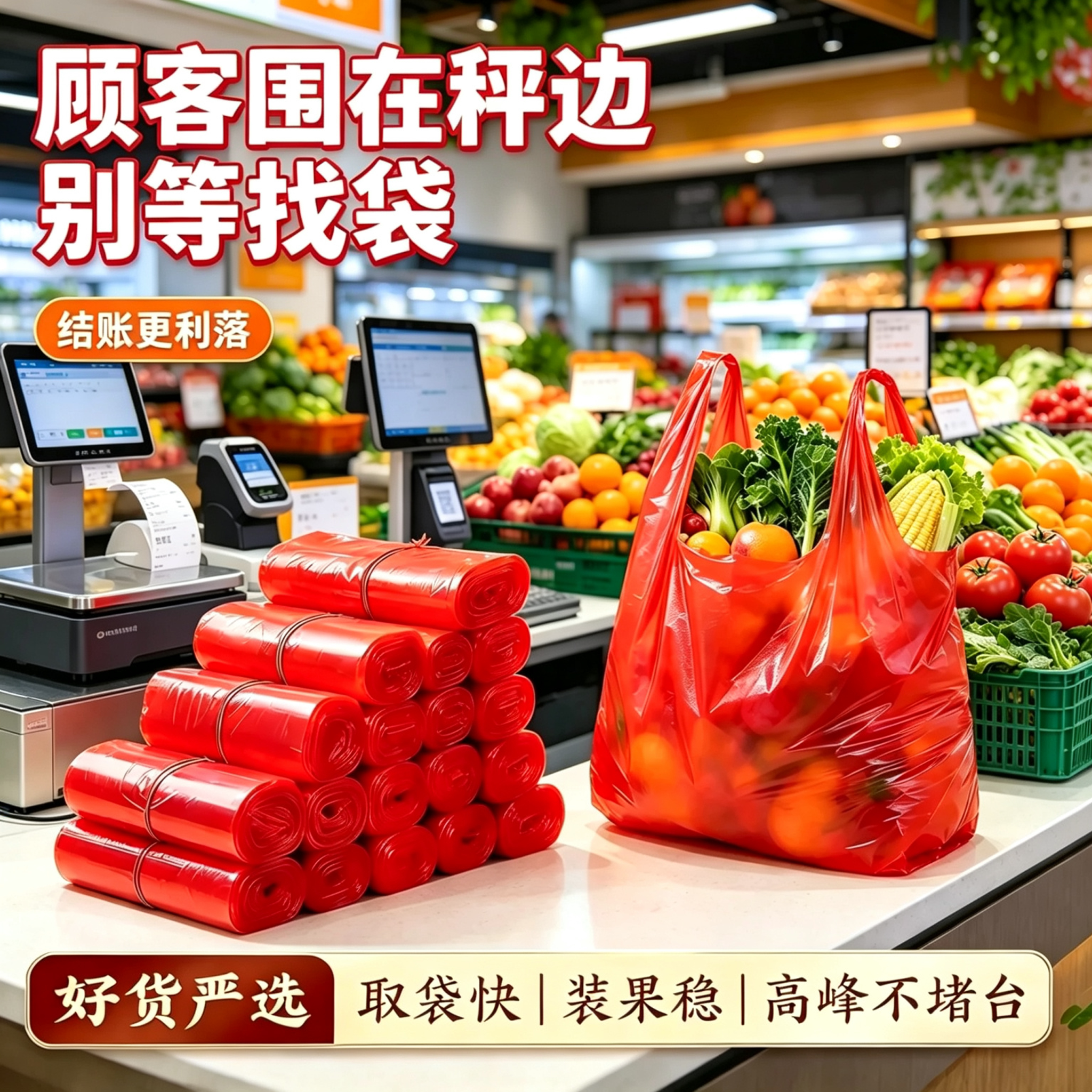 水果店防爆底称重红塑料袋生鲜果蔬摊一次性商用加厚背心袋打包袋