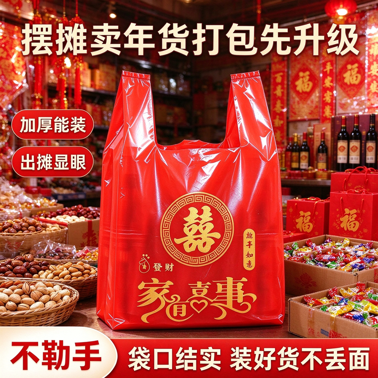 过年礼盒喜庆背心袋塑料袋副食商行批量拿货加厚商用红色手提礼袋