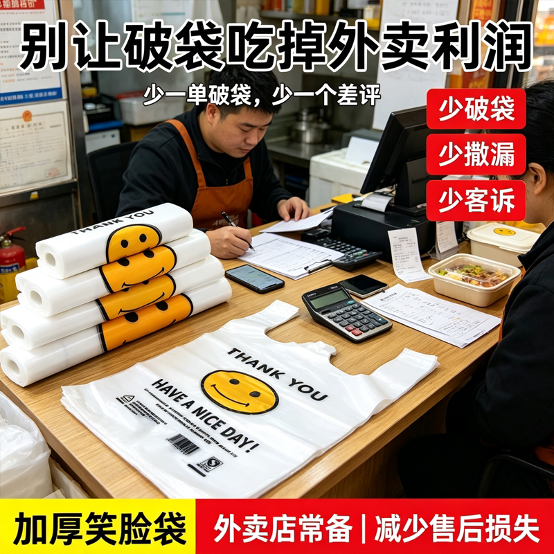 餐饮小吃笑脸外卖打包袋加固手提不易断防漏耐拉扯背心塑料袋批发