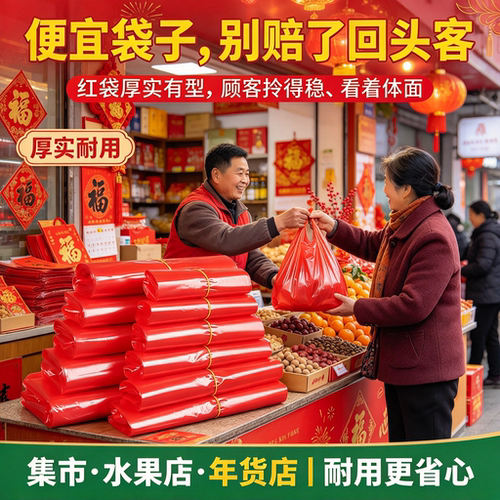 年货摊贩礼盒红色背心袋春节集市坚果糖果喜果分装袋手提袋塑料袋