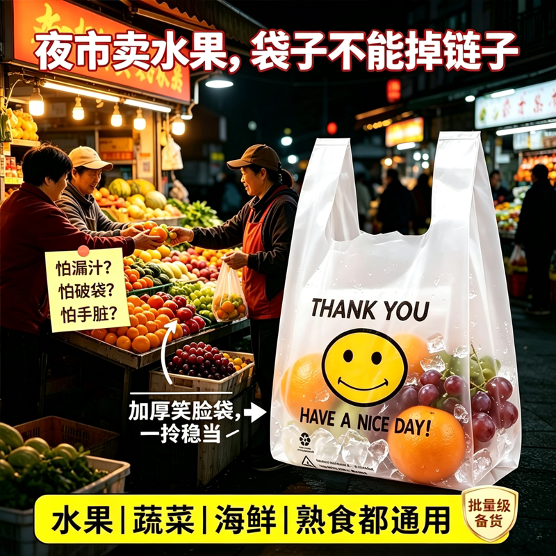 加厚笑脸袋塑料袋批发生鲜水果店专用装西瓜葡萄防漏手提式购物袋