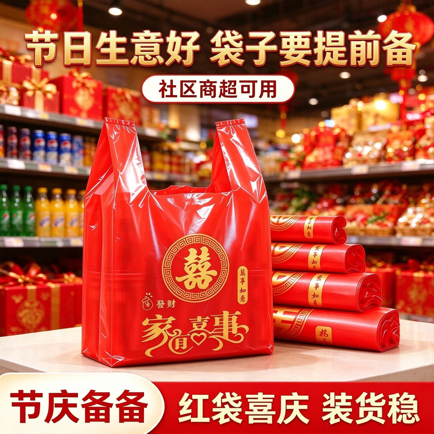 红色福印花背心式手提塑料袋商超门店备货袋烟酒副食店打包手提袋