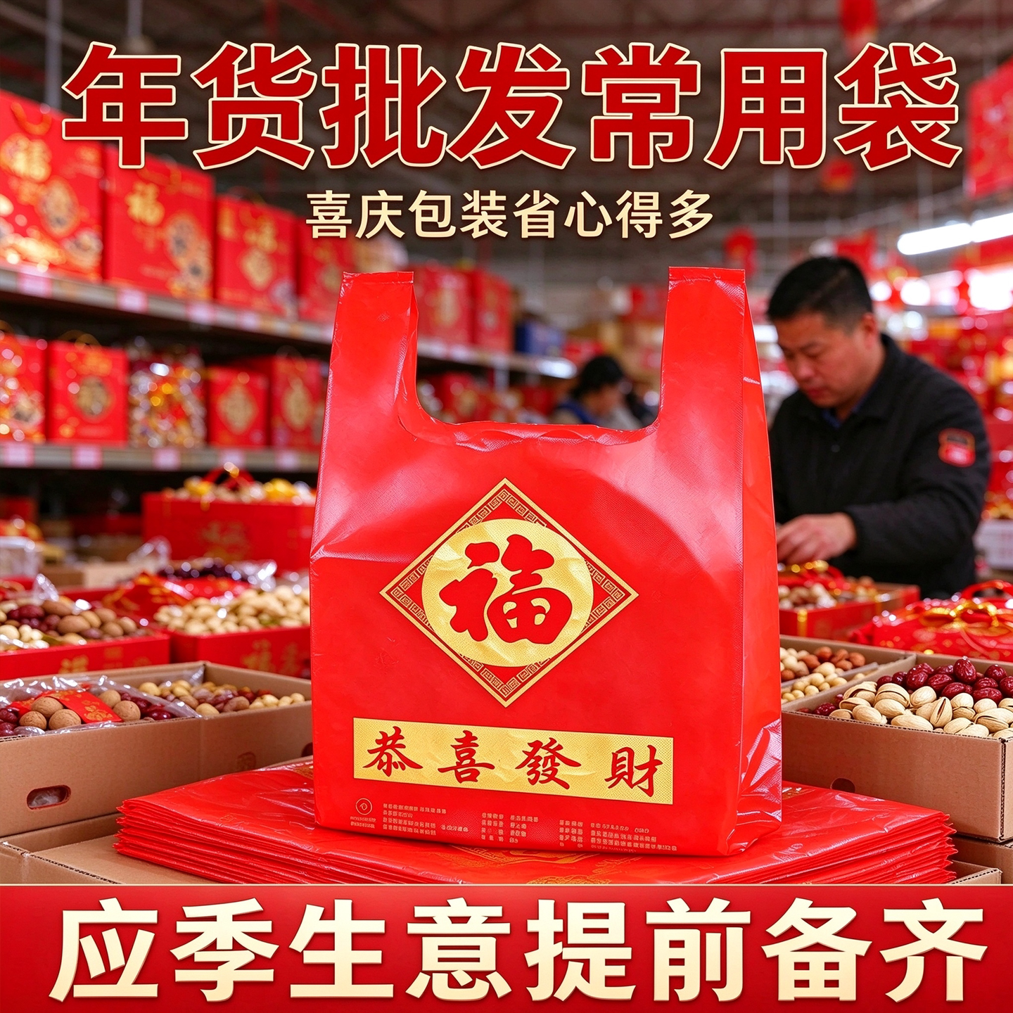 商用大红福手提袋过年置办年货送礼一次性加厚礼品塑料背心打包袋