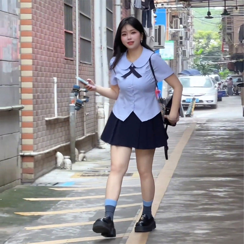 夏季大码学院风遮肚显瘦短袖套装