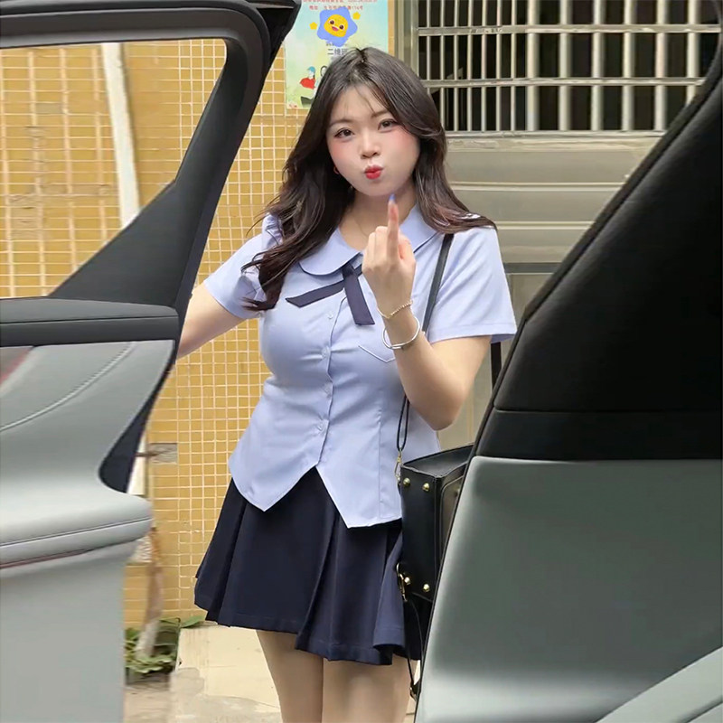 大码短袖衬衫夏学院风娃娃领衬衣
