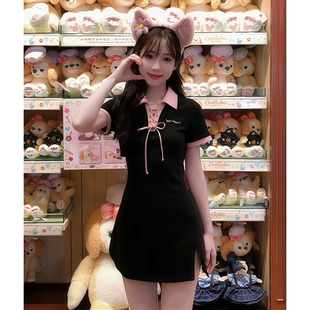 大码纯欲风连衣裙夏季短袖甜辣妹小个子微胖mm遮肚子收腰显瘦短裙