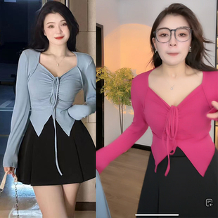 大码女装长袖T恤春秋季甜辣妹微胖显瘦新款抽绳设计感V领纯色上衣