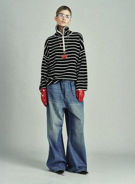 RedRef 纯羊毛条纹半开领毛衣上衣秋冬女新款可外穿内搭