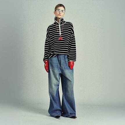 RedRef 纯羊毛条纹半开领毛衣上衣秋冬女新款可外穿内搭