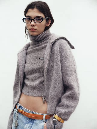 redref 马海毛三色翻领针织开衫