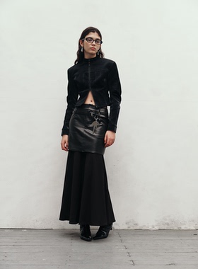 redref 黑色中腰解构假两件A字皮长裙