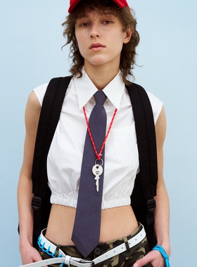 redref 纯白无袖短款挺括松紧腰修身衬衫