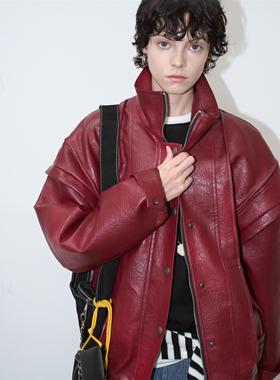 REDREF 重工宽肩分割机车两色皮夹克