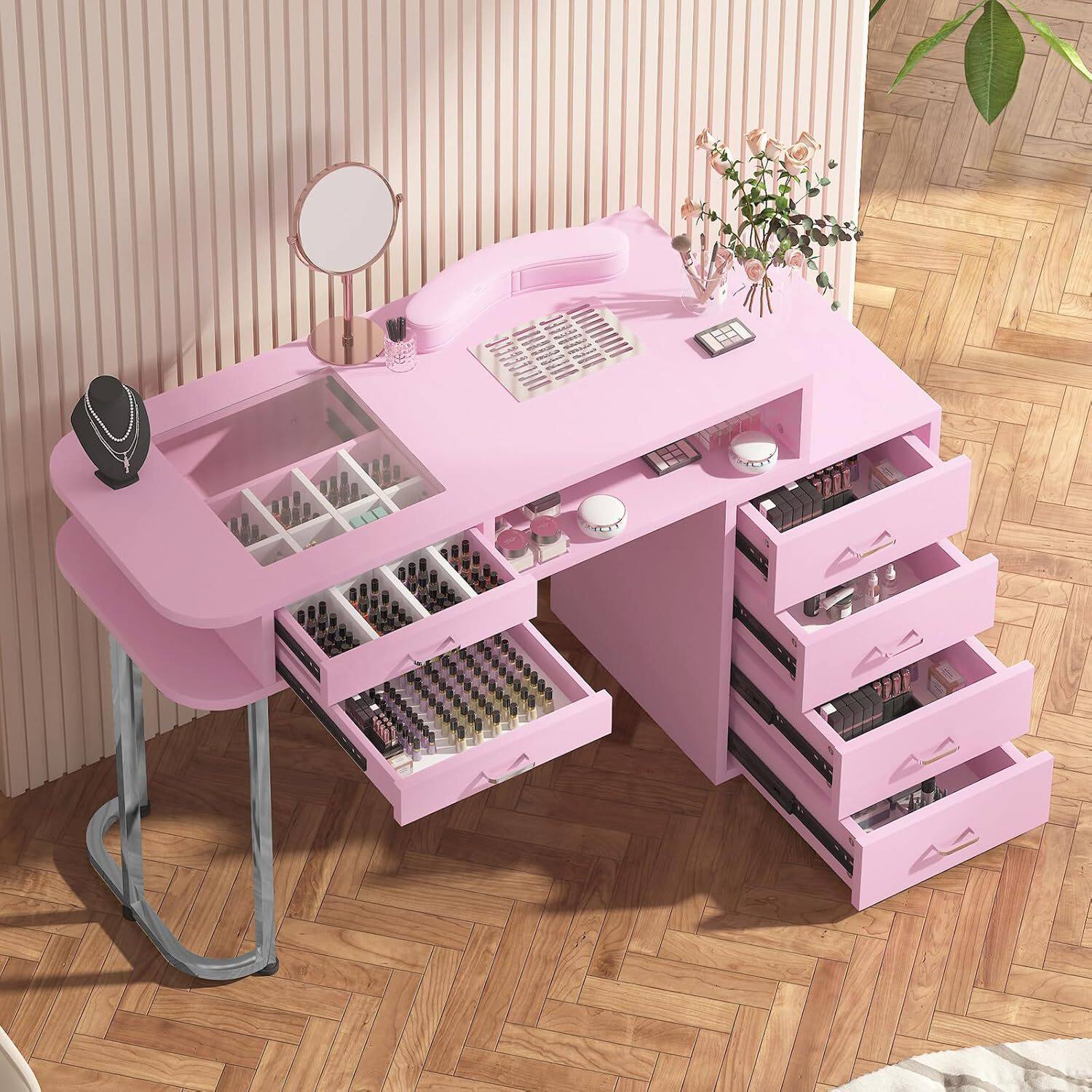 粉色美甲台带美甲吸尘器修甲桌多美甲工具