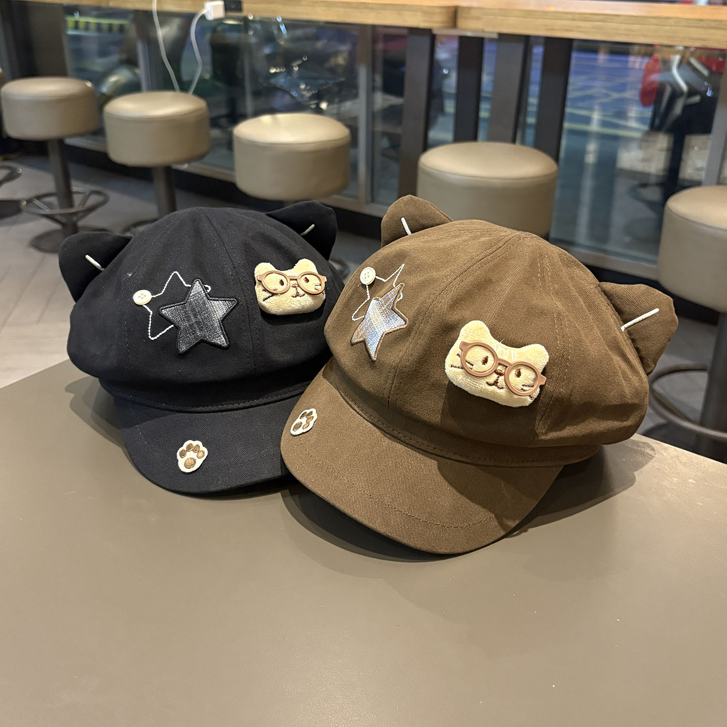 春秋季扣子五角星猫耳朵棒球帽子