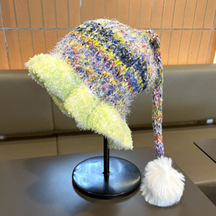 新款混彩针织渔夫帽女可爱辫子毛球毛绒盆帽秋冬季毛线护耳帽子女