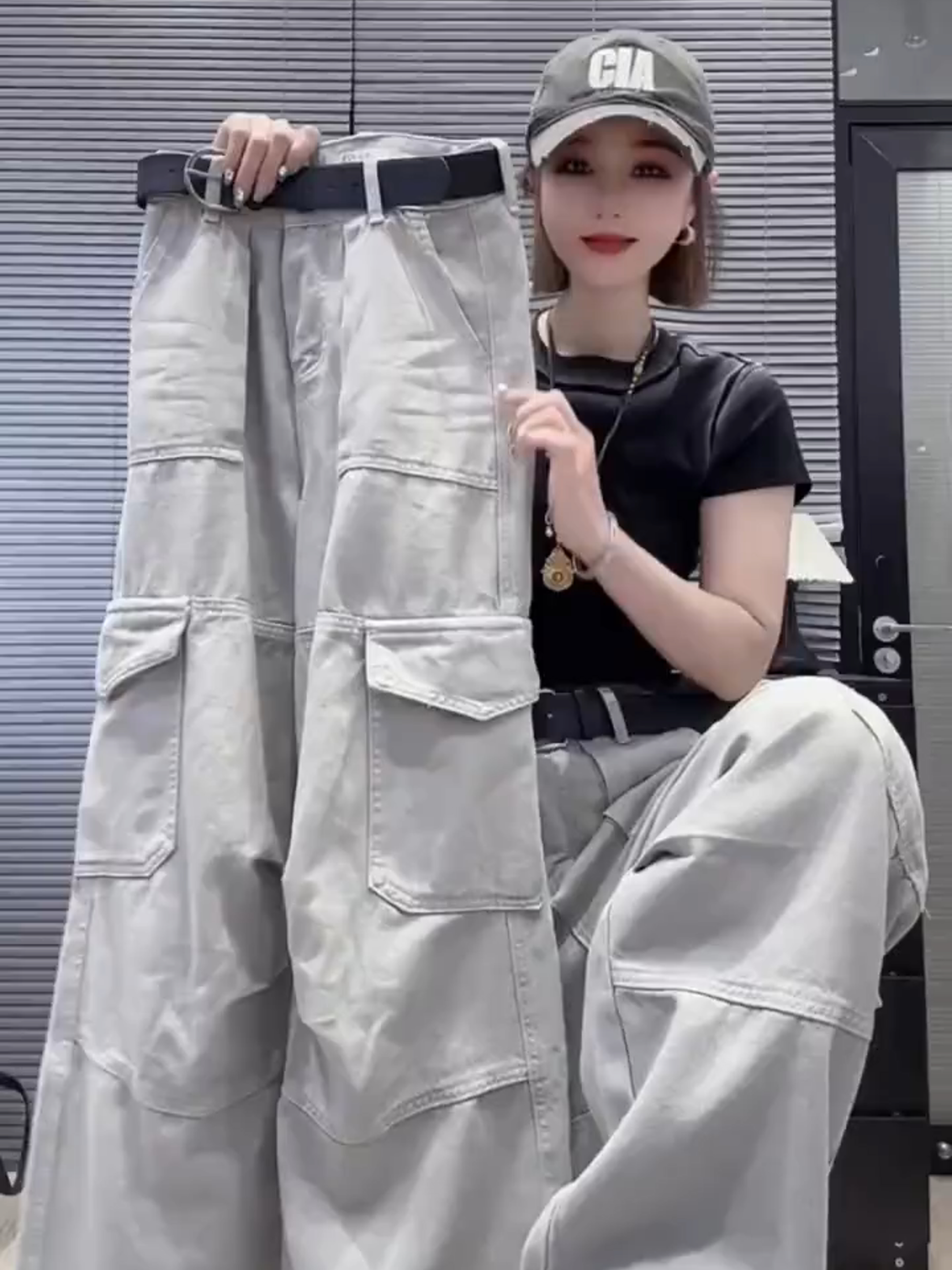 欧货设计感工装牛仔裤女秋季新款大码梨形身材小个子直筒阔腿长裤
