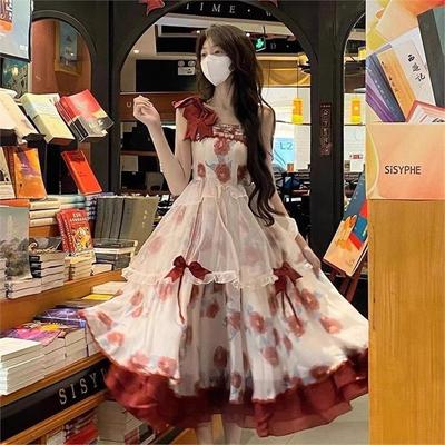 红色玫瑰连衣裙山茶花吊带连衣裙