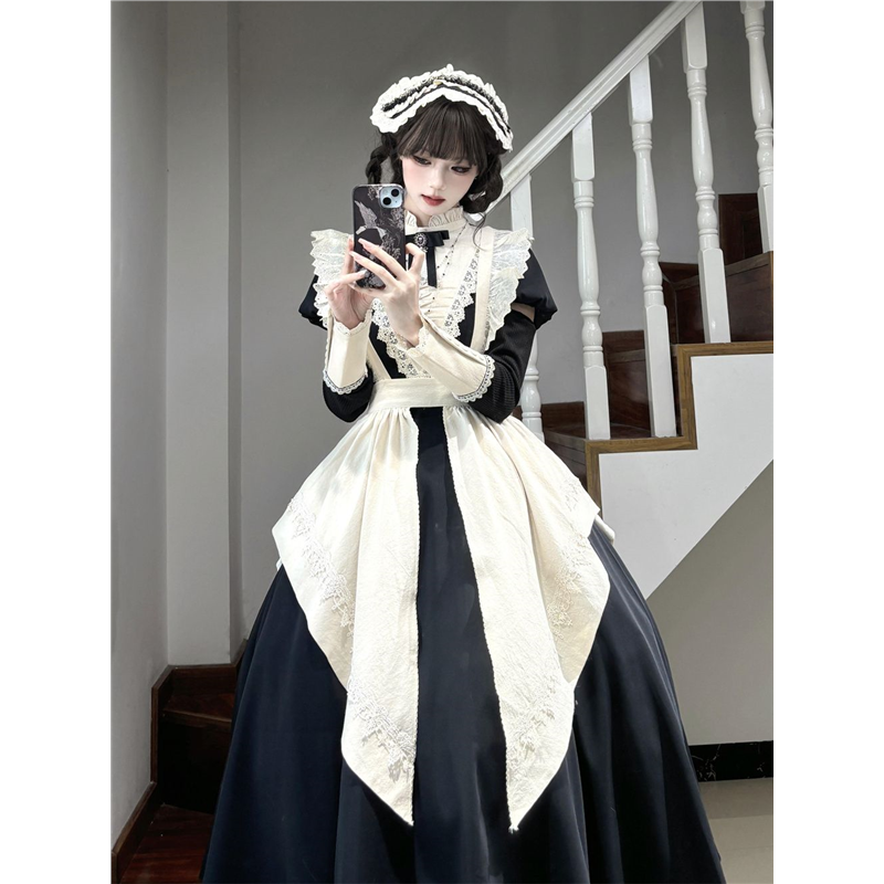 秋季新款暗黑系高级感泡泡袖洛丽塔连衣裙日系女仆围裙两件套装女