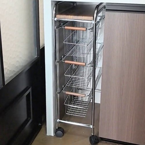 中古风夹缝小推车落地置物架客厅零食收纳架极窄缝隙可移动储物柜