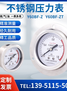 Y60BF-ZT Y60BFZ 不锈钢轴向压力表 耐震轴向带边 304 鹳山压力表