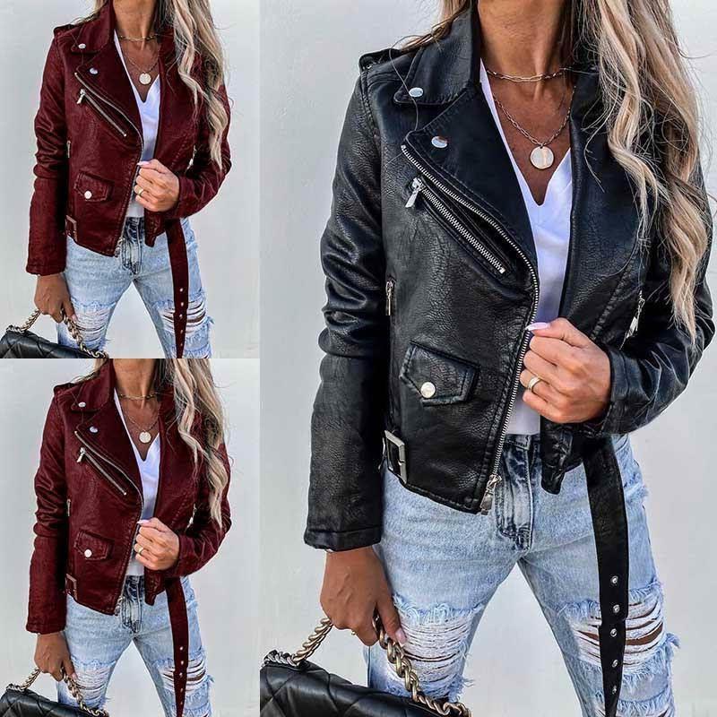 欧美风拉炼机车pu皮衣外套 S-3XL jacket women fur coat leather