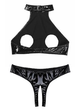 Womens Sexy Bare Chested Lingerie Set Patent Leather Underwe