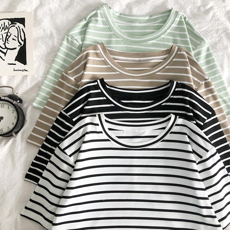 T Shirt Women Solid Color Striped Punk T-shirt O-Neck Casual