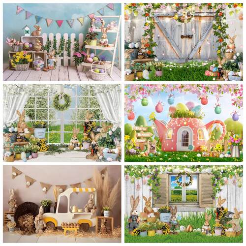 Laeacco Spring Easter Backdrop Eggs Green Grass Flower Baby