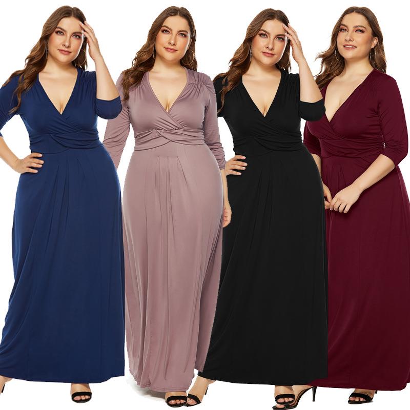 Autumn long dresses big size women deep V sexy party dress