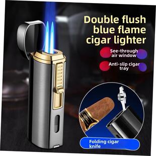 金属防风蓝色火焰涡轮增压礼物丁烷气体雪茄打火机