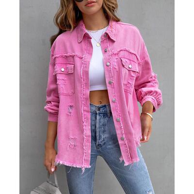Ragged and torn denim jacket top中长款毛边长袖休闲翻领上衣