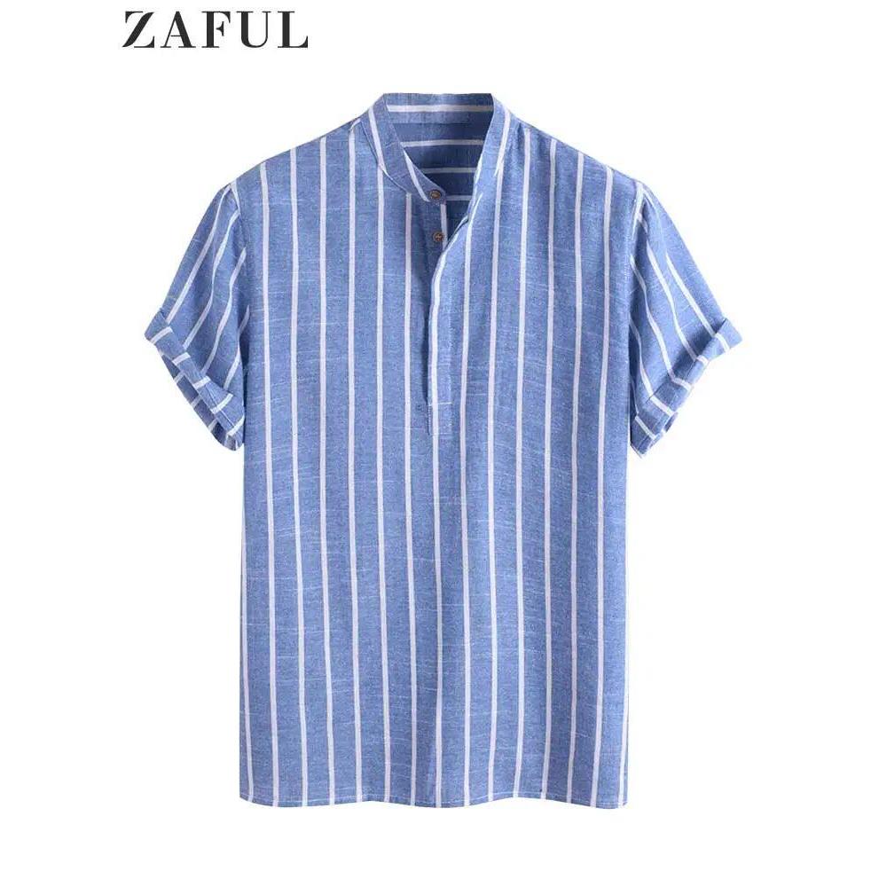 ZAFUL条纹衬衫男士半扣无领短Sl