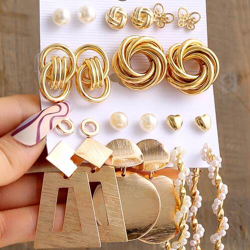 Earring set 5 piece set金属合金耳环套组5件套几何形嵌珍珠耳环