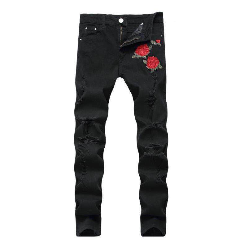 Men Rose Embroidered Ripped Jeans 男士玫瑰花刺绣修身牛仔裤