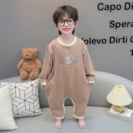 男童连体睡衣春秋季纯棉防着凉中大童长袖薄款家居服儿童宝宝防踢