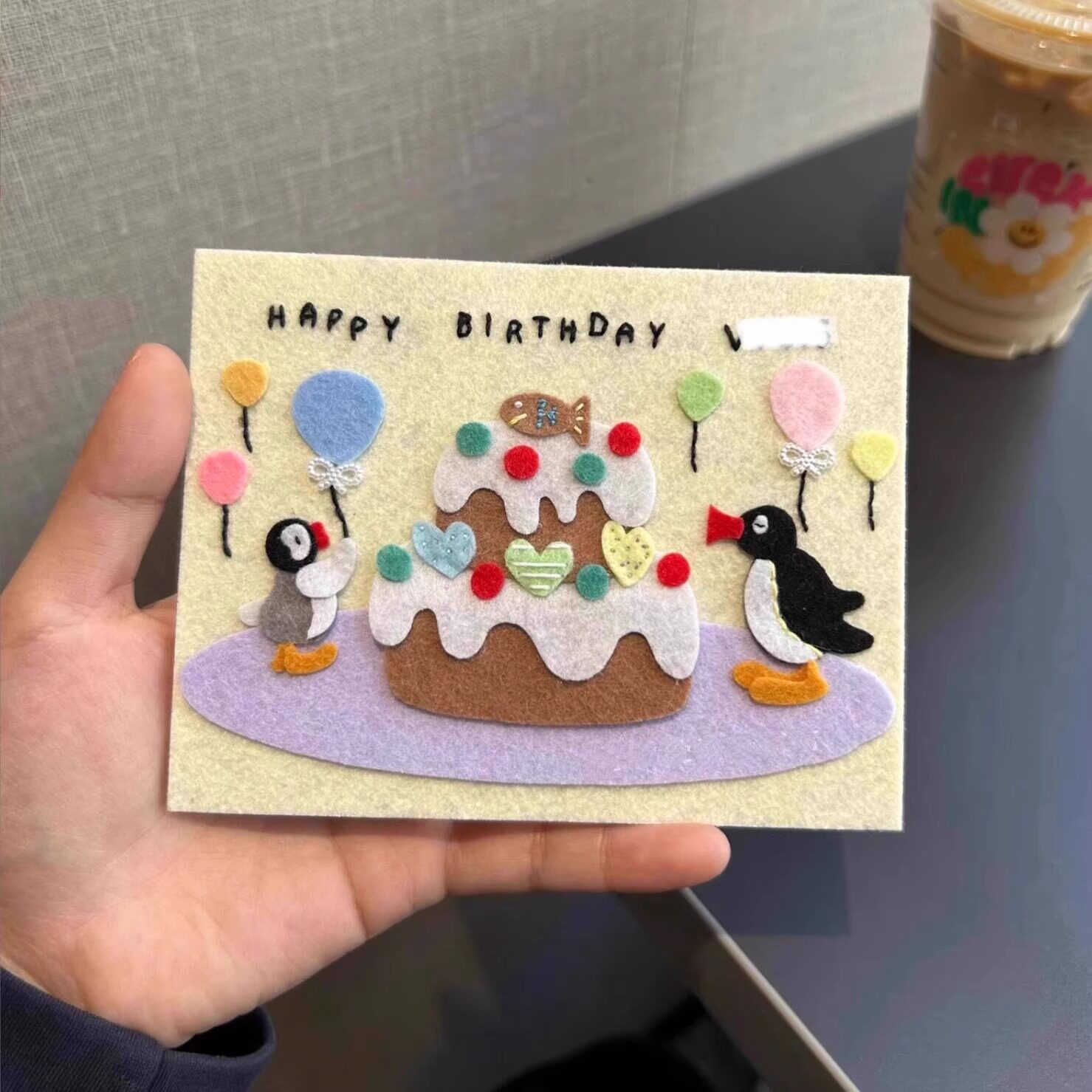 可爱企鹅不织布手工贺卡成品生日祝福小卡片礼物送朋友治愈