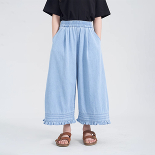 童装女童裤子夏季新款大童轻薄阔腿牛仔裤儿童木耳花边甜美8分裤