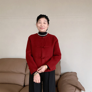 新中式双面呢大衣女短款2026新款小个子妈妈秋装盘扣羊毛红色外套