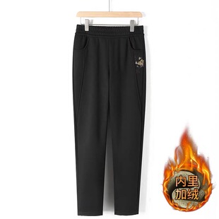 妈妈秋冬百搭加绒松紧腰直筒裤中老年女冬季加厚奶奶长裤休闲裤子