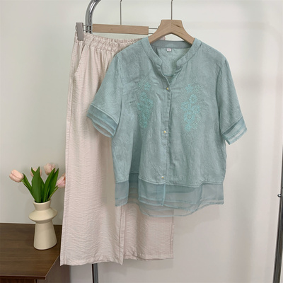 妈妈夏装时尚绣花衬衫裤子两件套