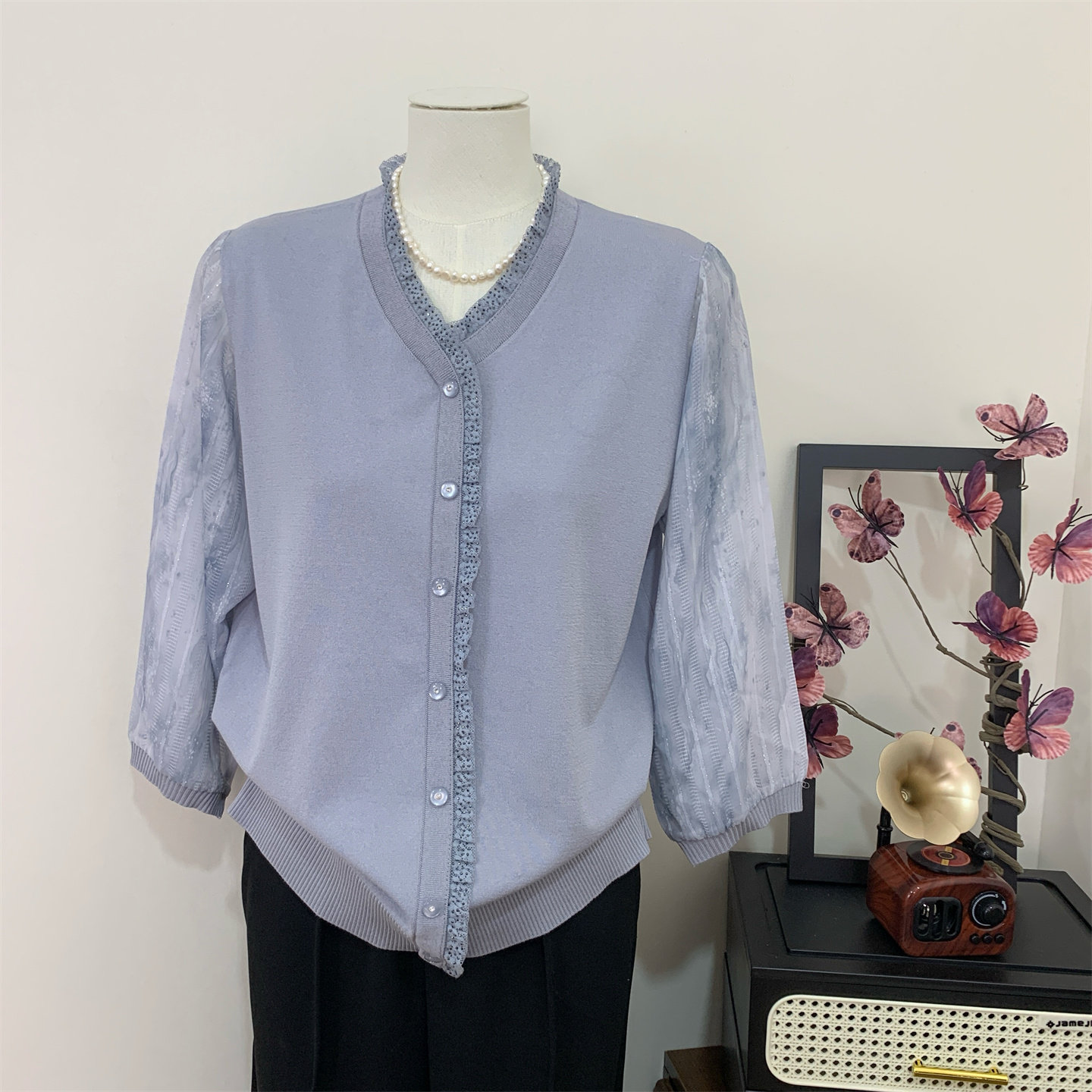 妈妈春夏装洋气纱袖针织T恤衫女