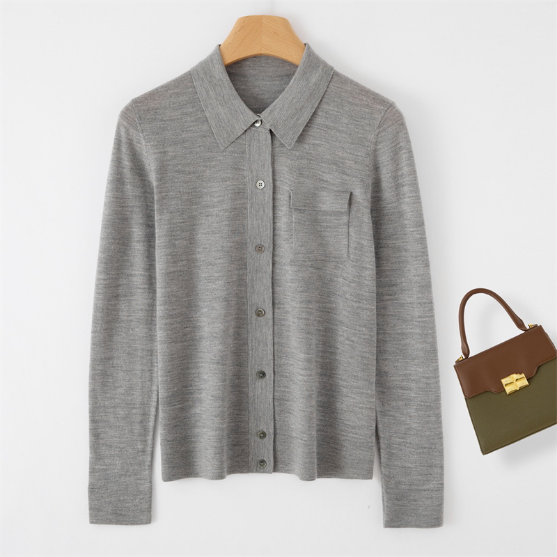 2025新款60支100%纯羊毛扬子纱Polo领针织开衫上衣薄款毛衣外套