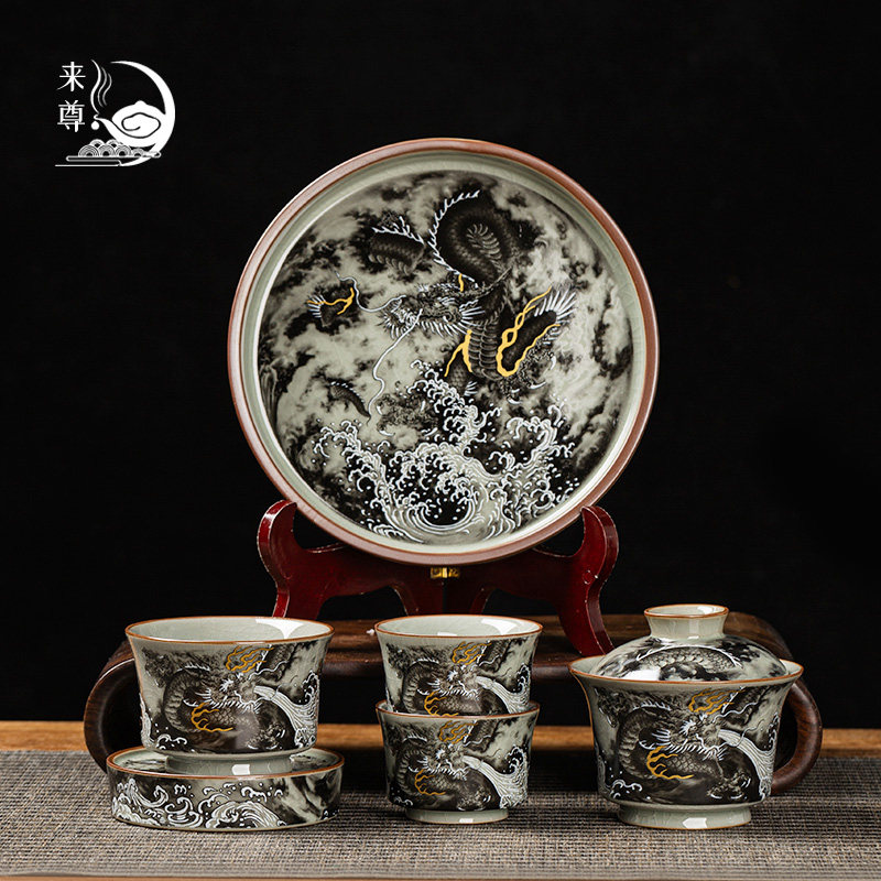 手工青花陶瓷老陶泥墨龙出海茶具 马蹄盖碗会客办公室泡茶组