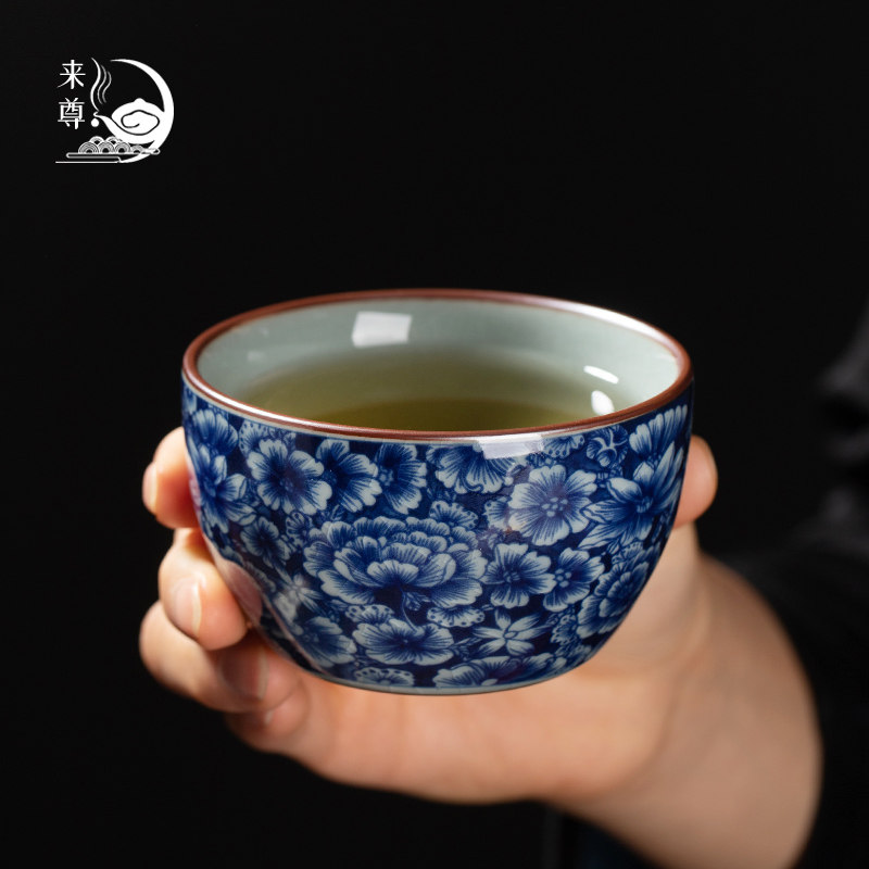 老陶泥繁花似锦卧足杯大容量主人杯子家用陶瓷品茗杯喝茶碗茶盏杯